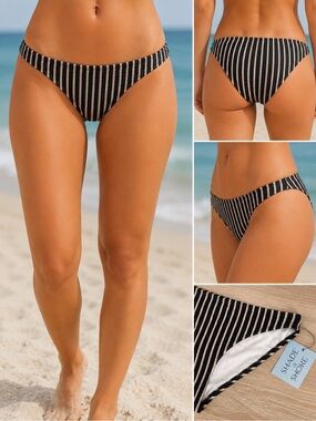 Shade & Shore Black and Cream Striped Bikini Bottom